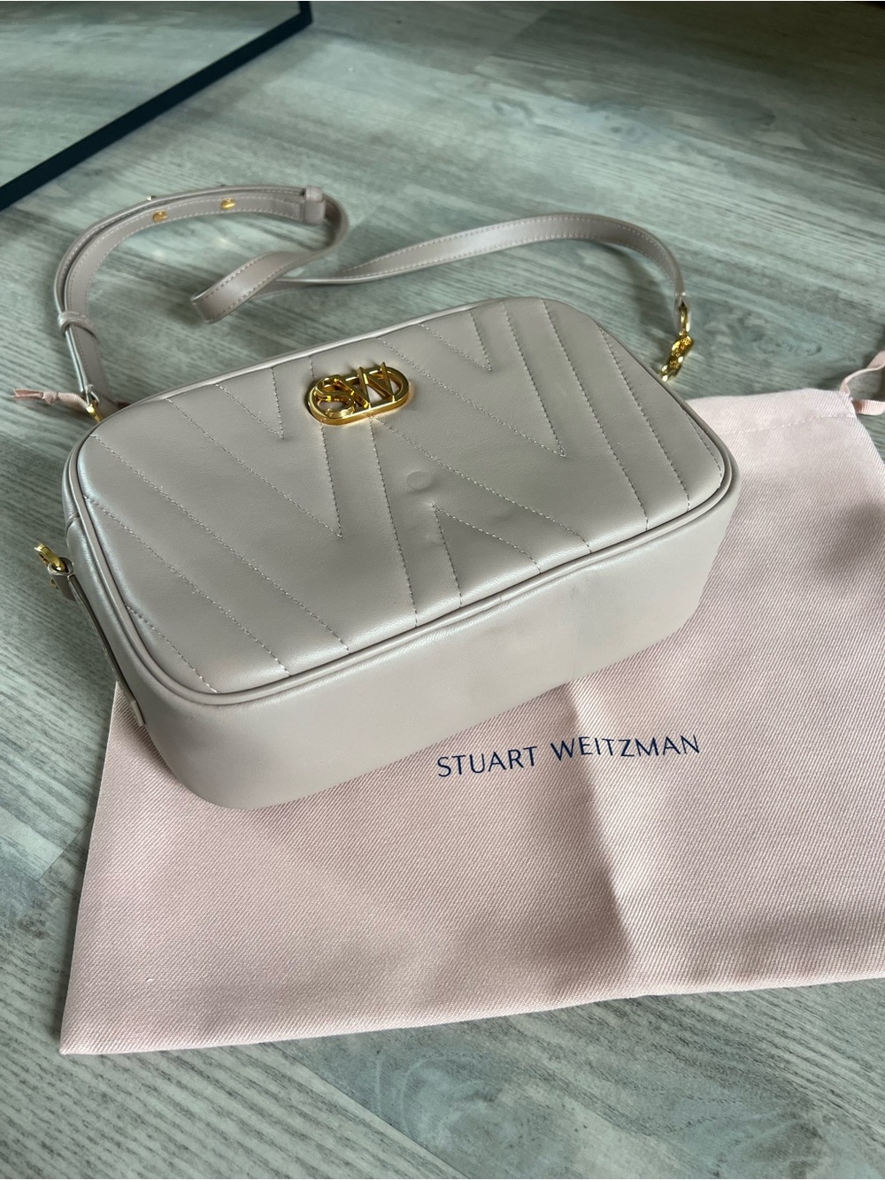 Stuart Weitzman Light Cream Quilted Leather Crossbody with Gold Hardware